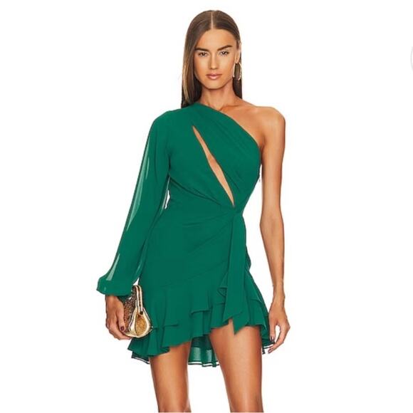 Michael Costello x Revolve Sunny Emerald One Shoulder Cut Out Mini Dress Large - Picture 3 of 13
